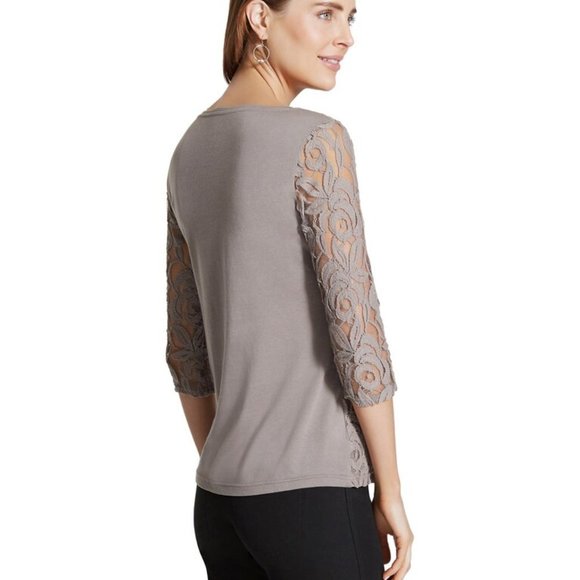 Chico's Gray Lucie Lace Front Sheer 3/4 Sleeve Knit Back Top Size 1/M/8 - Picture 3 of 16